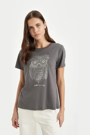 DeFacto Regular Fit Crew Neck Owl Patterned Combed Cotton Short Sleeve T-Shirt