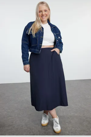 Trendyol Curve Navy Blue Maxi Zippered Elastic Back Woven Plus Size Skirt