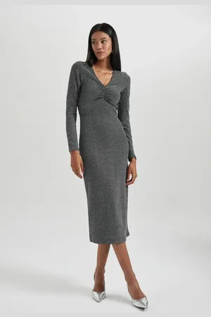 DeFacto Bodycon Basic Plain Bodycon V Neck Sequined Fabric Midi Long Sleeve Dress