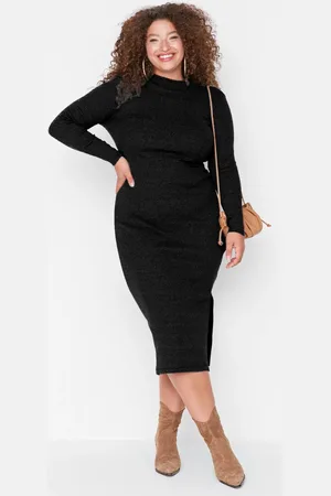 Trendyol Curve Black Crew Neck Slit Camisole Knit Plus Size Dress