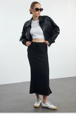 Trendyol Black Thessaloniki Fabric Fish Form Maxi Knitted Skirt with Lace Detail
