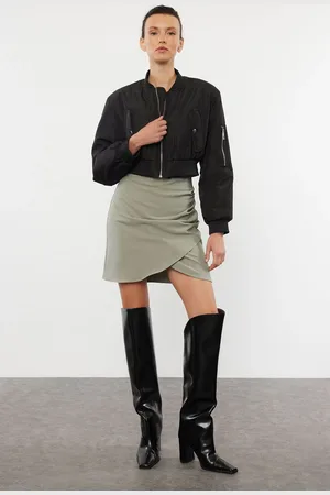 Trendyol Khaki Ruffle Detailed Double Breasted Mini Woven Skirt