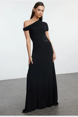 Trendyol Black A-Line Pearl Accessory Knitted Elegant Long Evening & Graduation Dress