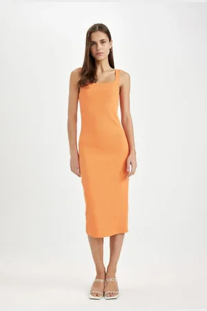 DeFacto Bodycon Fitted Basic Plain Square Neck Ribbed Camisole Sleeveless Midi Dress