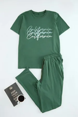 Trendyol Green Regular Fit Crew Neck Printed Knit 100% Cotton Pajama Set
