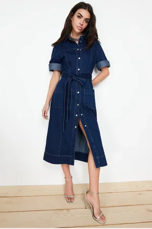 Trendyol Blue Belted Maxi Denim Dress