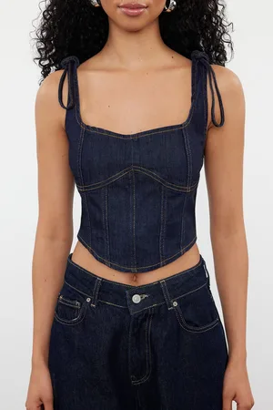 Trendyol Dark Blue Corset Look Denim Bustier with Tie Detail