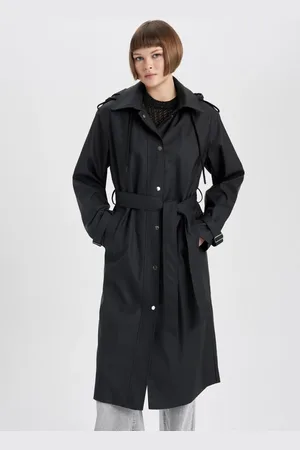 DeFacto Water Repellent Regular Fit Hooded Belted Long Raincoat