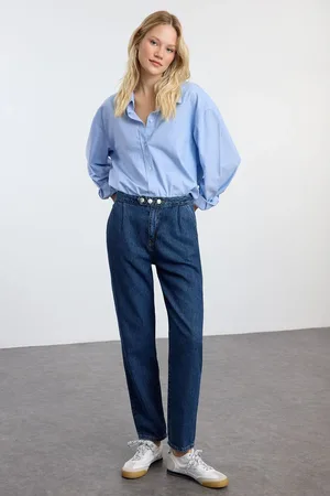 Trendyol Dark Blue Premium Button Detailed High Waist Mom Jeans