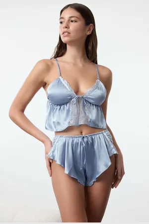 Trendyol Blue Satin Stone, Ribbon/Bow Detailed Uncovered Lingerie Set