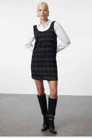 Trendyol Black Plaid / Checkered Mini Tweed Vest Woven Dress