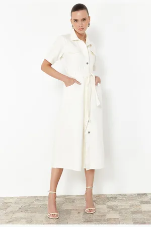 Trendyol Ecru Tassel Belted Maxi Denim Dress