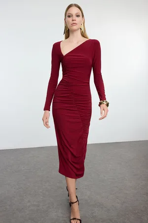 Trendyol Burgundy Fitted Asymmetrical Collar Knitted Chic Evening Dress