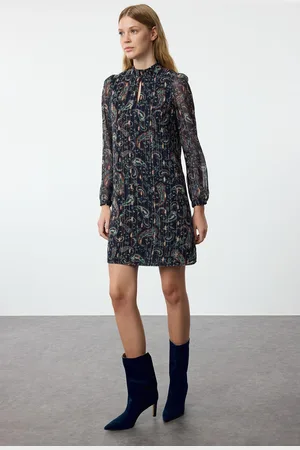 Trendyol Navy Blue Shawl Patterned Straight Cut Mini Lined Woven Winter Dress