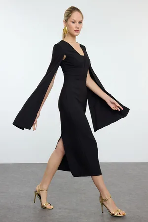 Trendyol Black V Neck Woven Chic Midi Evening Dress