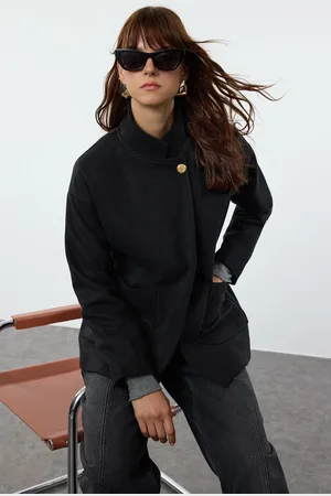 Trendyol Black Regular Elastic Waist Woolen Midi Coat