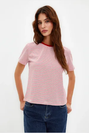 Trendyol Red Ecru Striped Premium Basic Regular/Normal Fit Crew Neck Knitted T-Shirt
