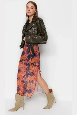 Trendyol Orange Patterned Maxi Length Lace Detail Tulle Stretch Knitted Skirt