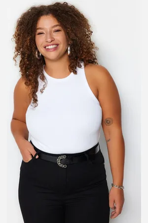Trendyol Curve Bílý Základní Pletený Tank Top s Límcem ve Tvaru Činky