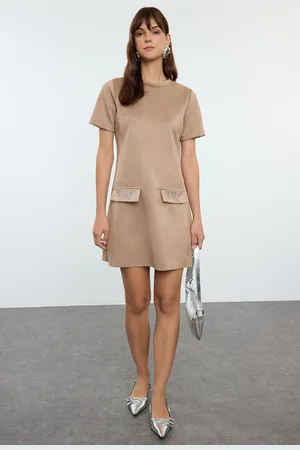 Trendyol Mink Crew Neck Stone Detailed Shift/Straight Mini Suede Knitted Dress