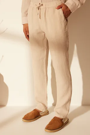 Trendyol Premium Stone 100% Linen Straight Fit Elastic Waistband Trousers