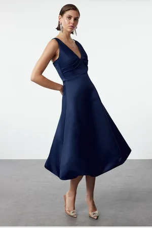 Trendyol Navy Blue A-Cut Matte Satin Balloon Skirt Detail Chic Midi Evening Dress