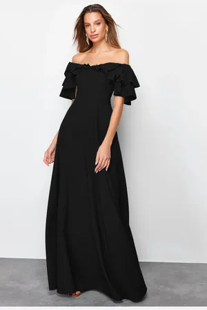 Trendyol Black A-Cut Flounce Woven Long Evening Dress