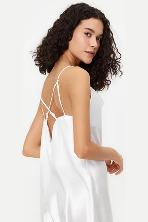 Trendyol Ecru Bride Degaje Collar Back Detailed Rope Strap Satin Woven Nightdress