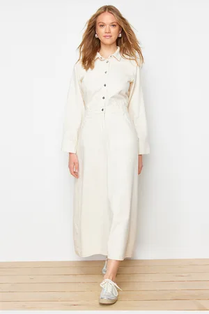 Trendyol Ecru Plain Shirt Dress Rigid Maxi Denim Modest Dress