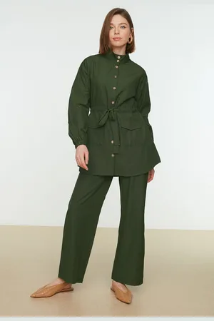 Trendyol Khaki stojací límec, košile s páskem, kalhoty, tkaný oblek