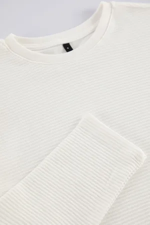 Trendyol Ecru Regular/Normal Cut Long Sleeve Basic Textured 100% Cotton T-Shirt