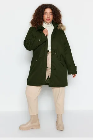 Trendyol Curve Khaki chlupatý kabát s kapucí