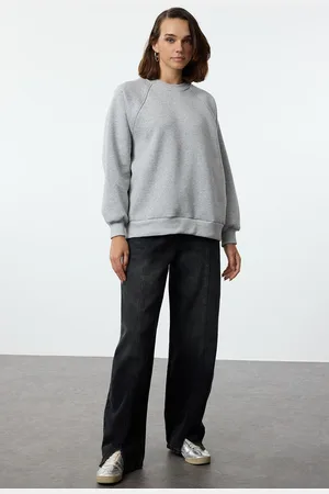 Trendyol Gray Melange Relaxed/Comfortable Fit Basic Raglan Sleeve Crew Neck Knitted Sweatshirt