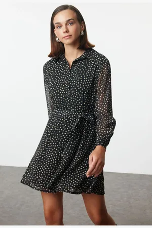 Trendyol Multicolored Belted Polka Dot Waist Opening Lined Mini Chiffon Woven Winter Dress