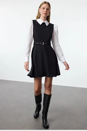 Trendyol Black Belted Waist Opening Shirt Detail Mini Woven Dress