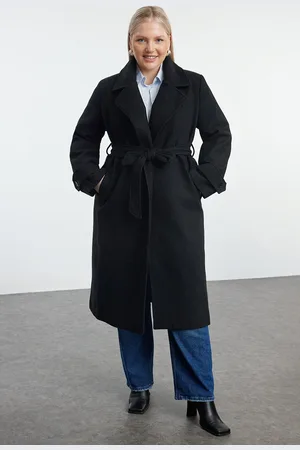 Trendyol Curve Black Regular Fit Wide Collar Detailed Long Wool Blend Cashew Coat
