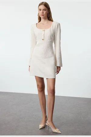 Trendyol Ecru A-Line Square Neck Button Detailed Mini Tweed Woven Dress