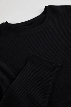 Trendyol Black Regular/Normal Cut Long Sleeve Basic Textured 100% Cotton T-Shirt