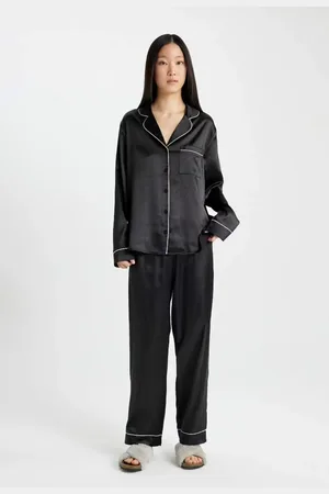 DeFacto Fall In Love Pajama Set Satin Long Sleeve Top Elastic Waist Bottom
