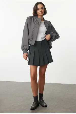 Trendyol Anthracite Pleat Detail Polyviscose Fabric Mini Woven Skirt