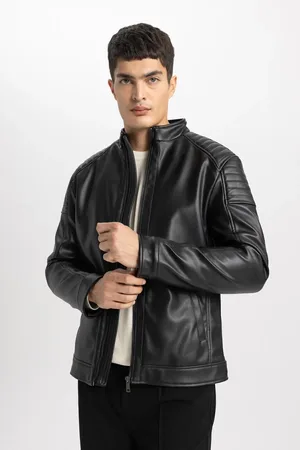 DeFacto Water Repellent Regular Fit Stand Collar Zipper Closure Pocket Seasonal Faux Leather Coat Jacket