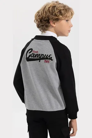 DeFacto Boys College Collar Embroidered Snap Closure Double Pocket Seasonal Light Thin Bomber Cardigan