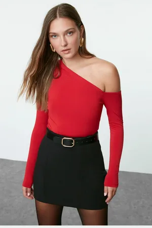 Trendyol Red Slim Snap Fastener Asymmetric Collar Stretchy Knitted Bodysuit