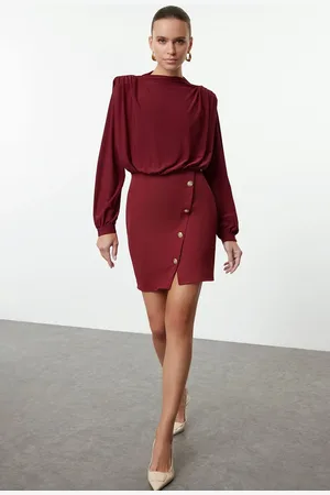 Trendyol Claret Red Plain Padded Mini Woven Dress