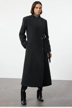 Trendyol Anthracite Belted Double Breasted Regular Wool Long Overcoat Form Lined Coat