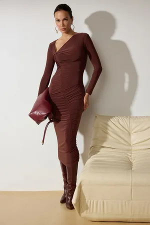 Trendyol Brown Fitted Asymmetrical Collar Knitted Chic Evening Dress