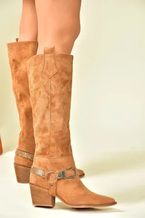 Fox Tan Suede Low Heeled Cowboy Model Boots