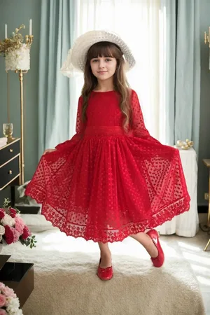 Dewberry N8712 Princess Model Girls Dress with Hat & Lace-RED