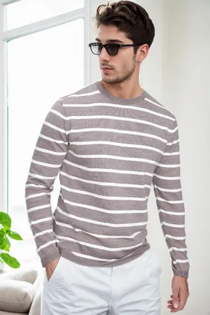Dewberry 99741 Crew Neck Striped Casual Knitwear Sweater-VISION