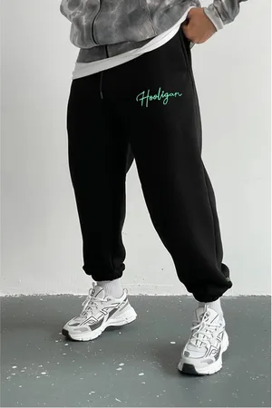 Dewberry 84184 3 Thread Mens Sweatpants-BLACK-GREEN